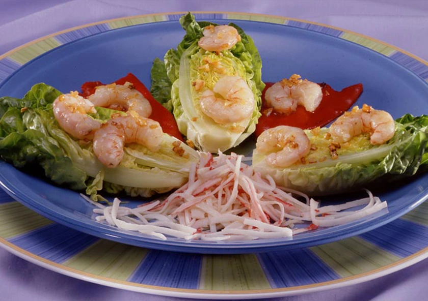 Ensalada Templada de Gambas Ajoarrieras y Cogollos