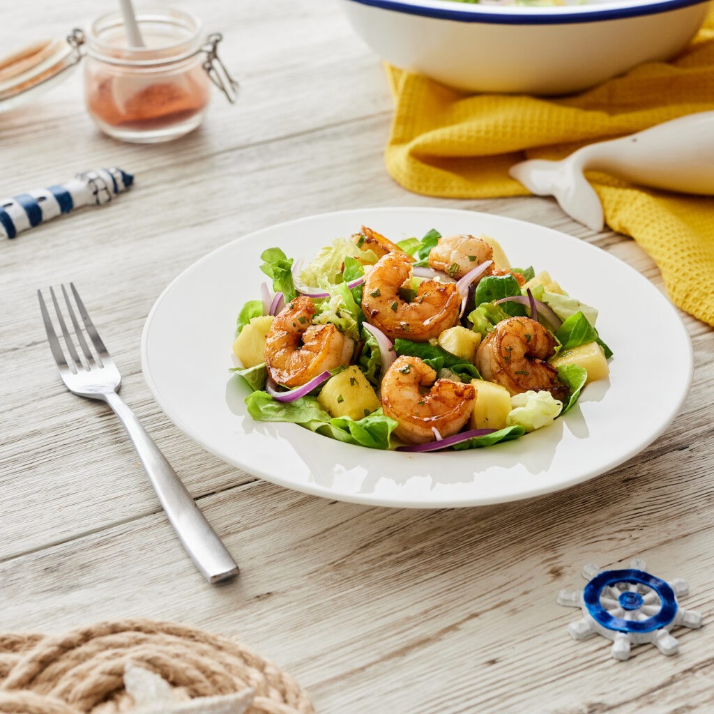 Ensalada templada de langostinos y vinagreta de cilantro