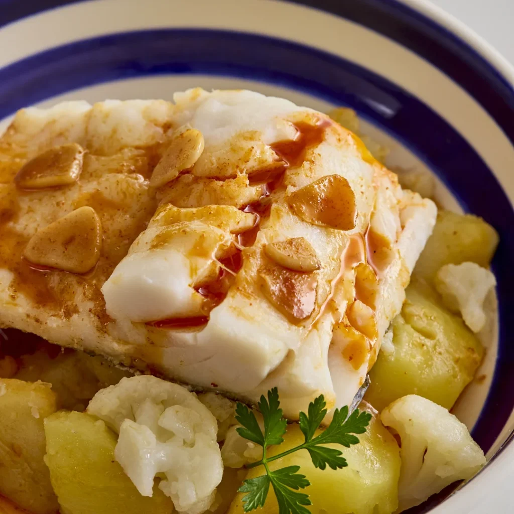 Imagen de un plato de filetes de bacalao a la gallega