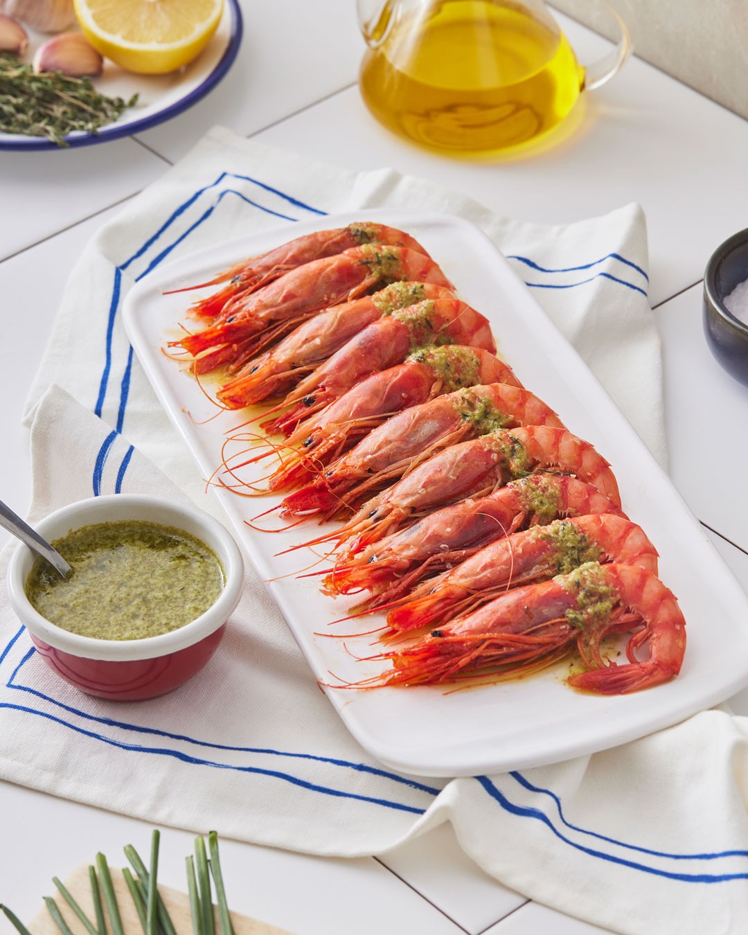 Gamba roja a la plancha con aceite de hierbas