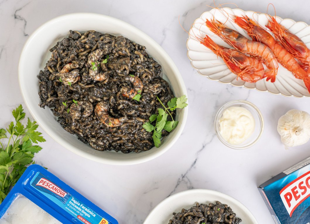 Fideuá de sepia y gambas rojas en Thermomix