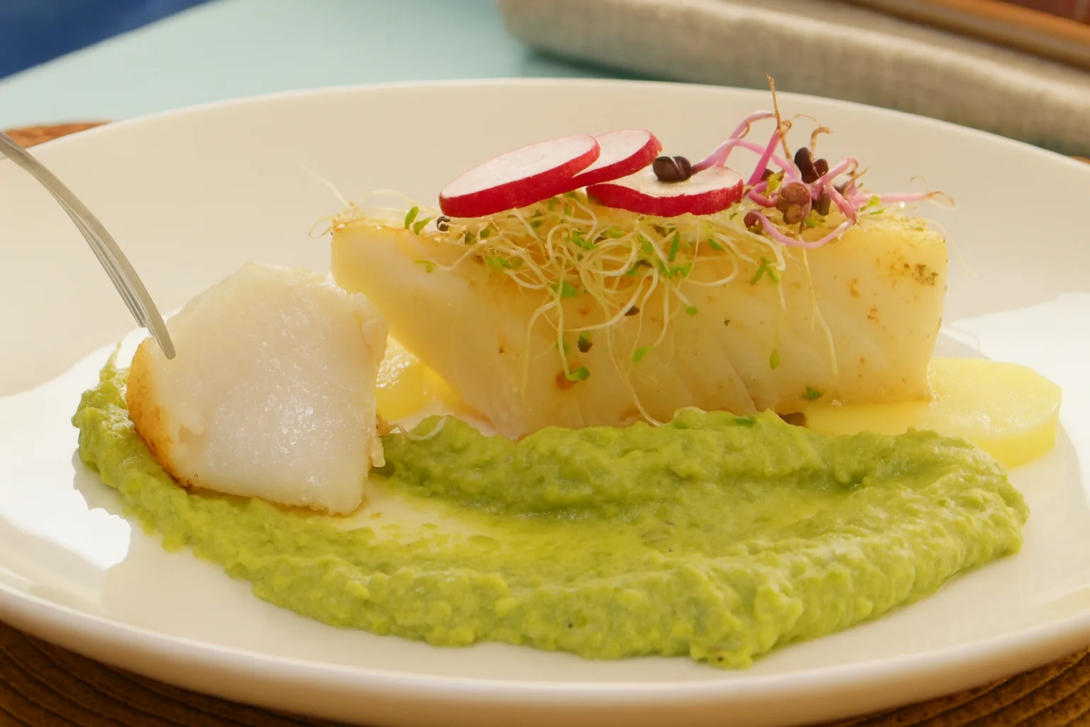 Bacalao con patata y puré de guisantes